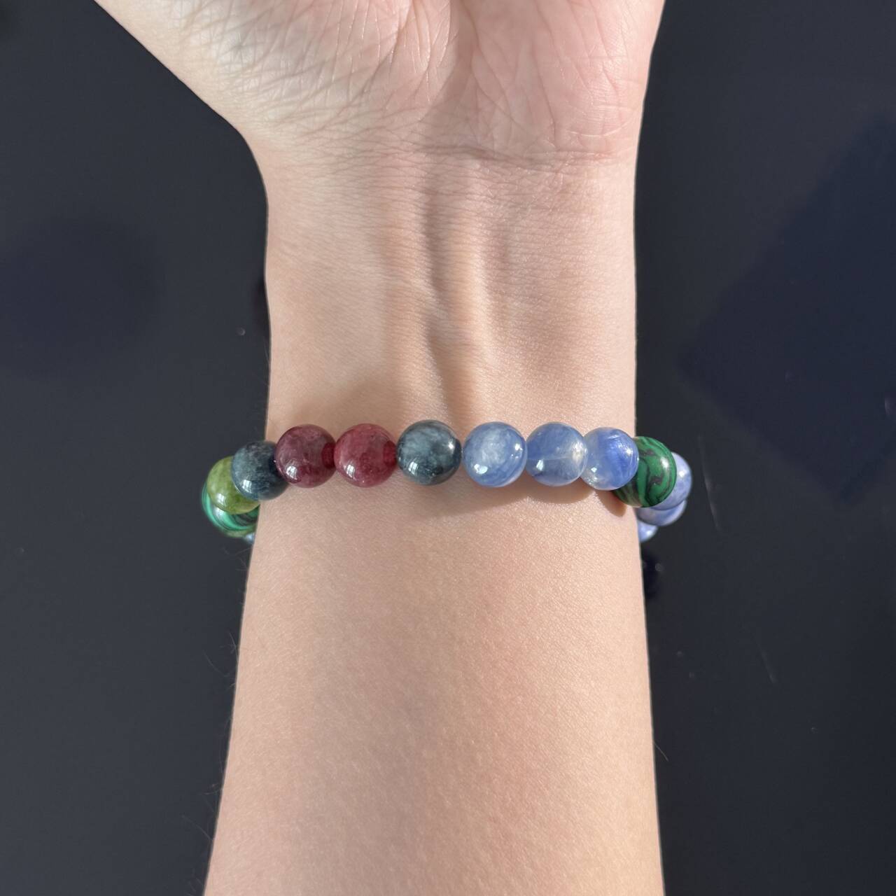 Handcrafted Multi-Color Natural Gemstone Bracelet — Malachite, Blue Apatite, and Tourmaline Crystal Beaded Bracelet