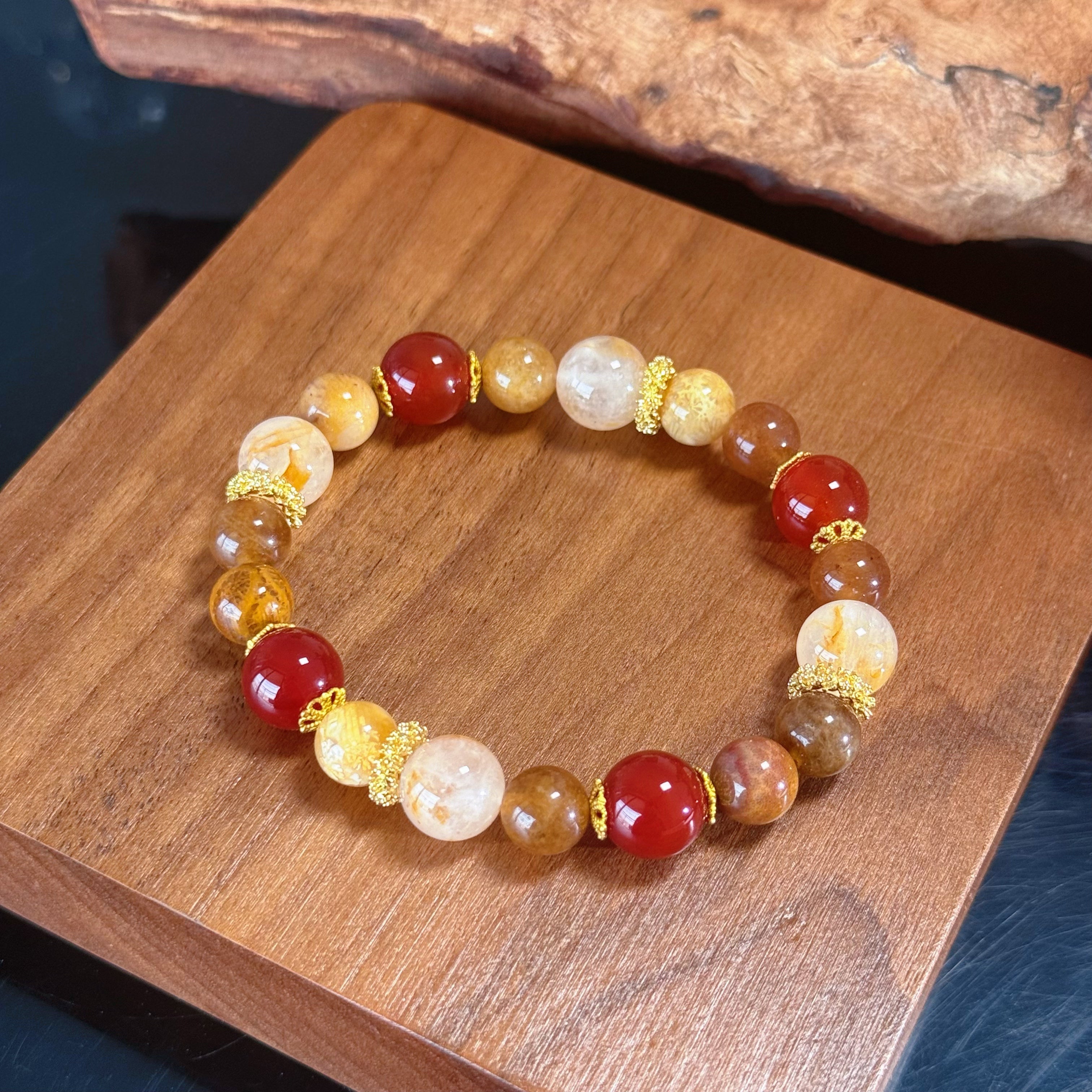 Handmade Multi Stone Crystal Bracelet | Red Agate & Golden Rutilated Quartz Healing Stretch Bracelet