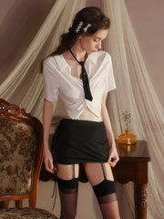 Ruched Crop Shirt and Garter Mini Skirt Set