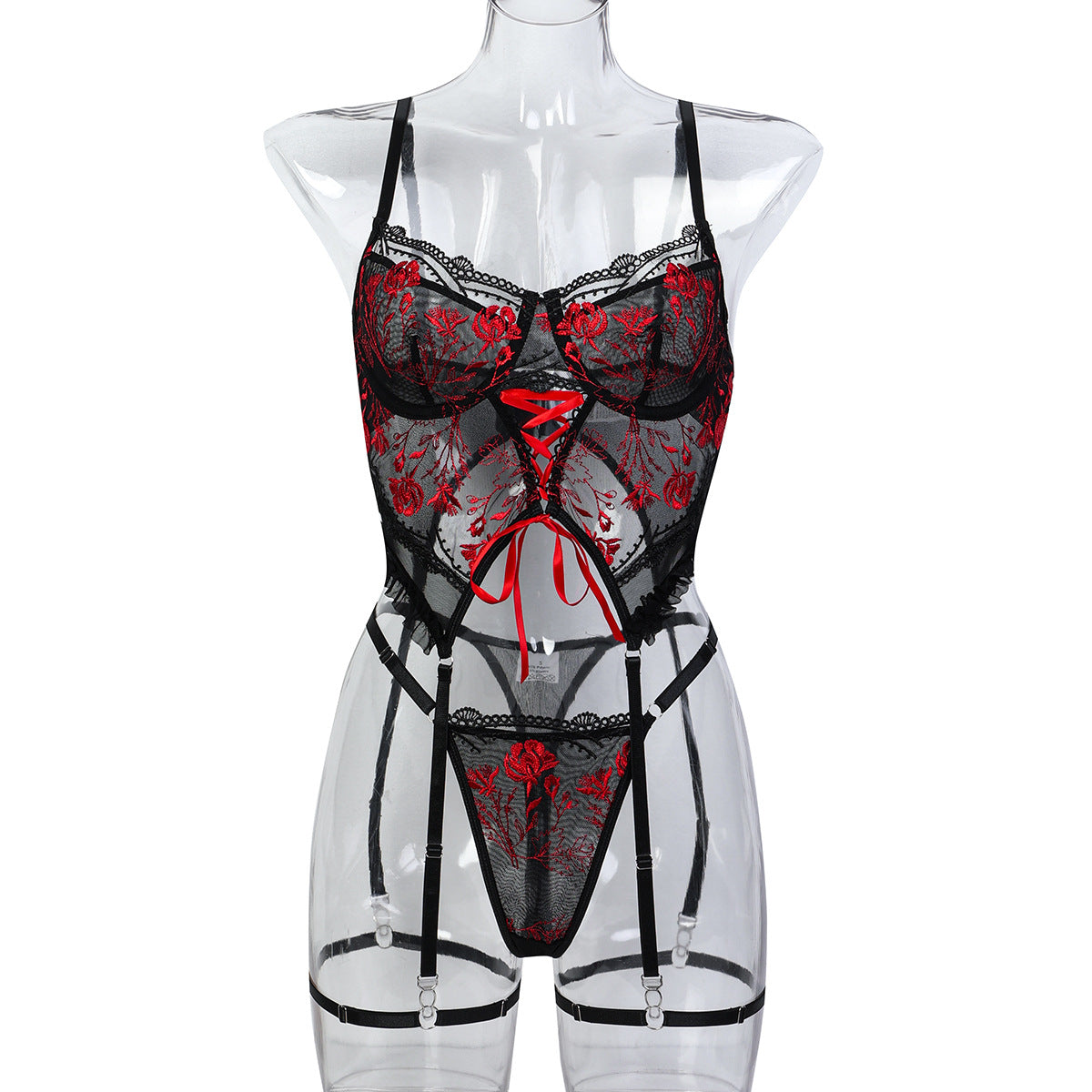 Flower Embroidery Cross Strap Lingerie Three-Piece Set