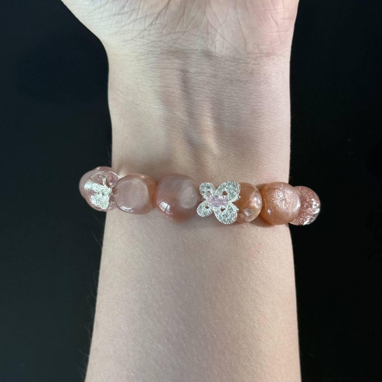 Pink Strawberry Quartz and Rose Crystal Bracelet – Handmade Gemstone Elastic Bracelet