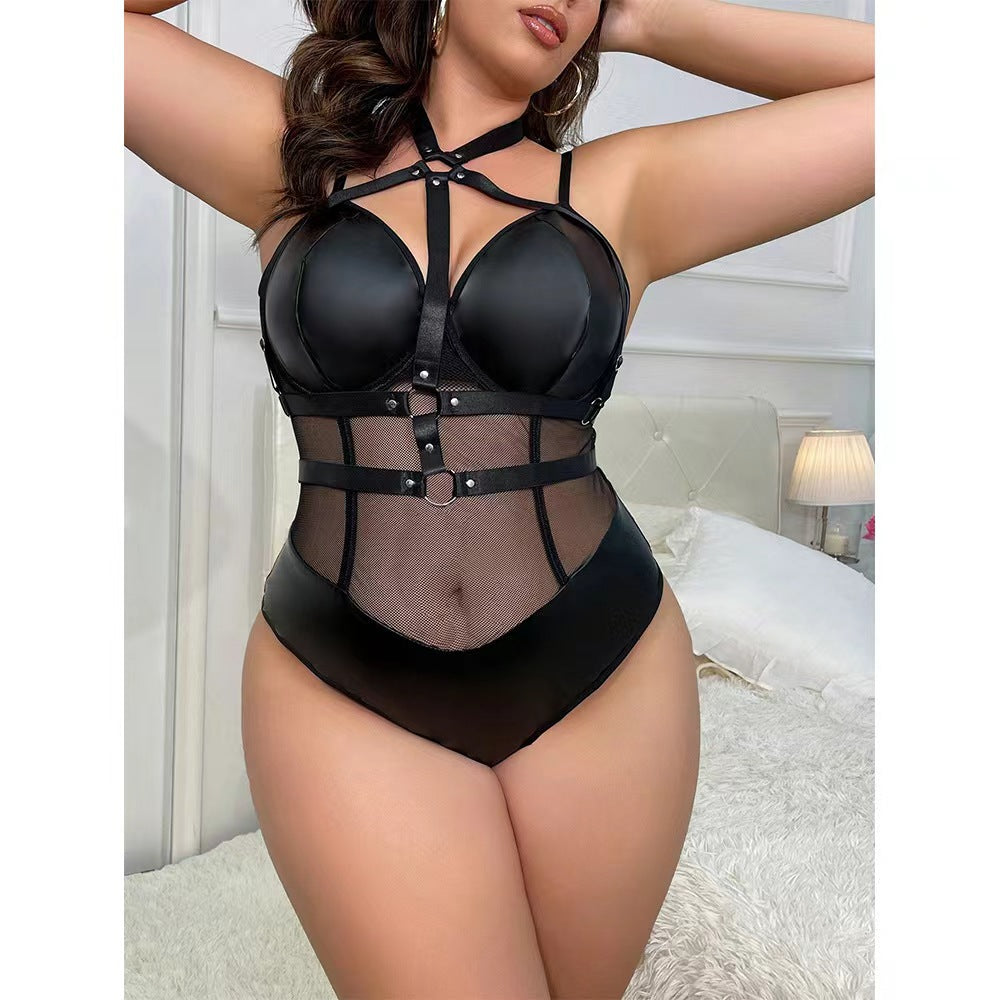 Mesh Plus-Size Mesh Hollow-Out Erotic Lingerie Tight Bodysuit Set