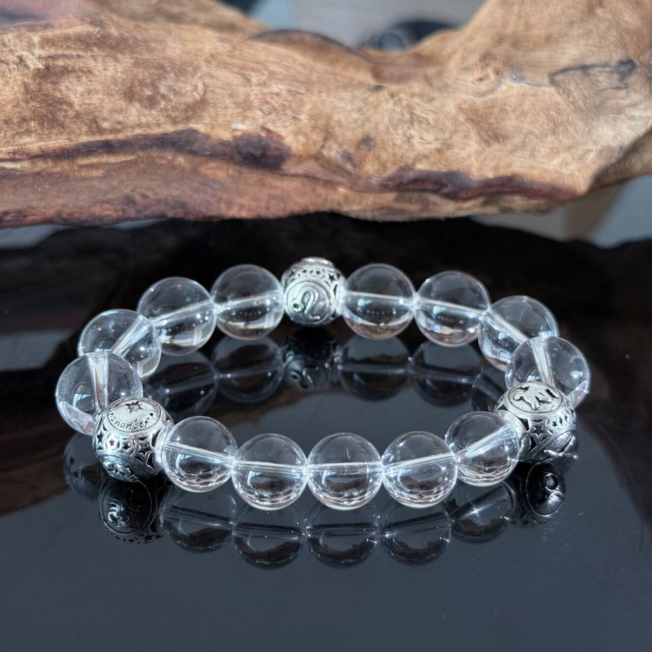 Clear Quartz Manual Beaded Bracelet with Silver Charm — Minimalist Healing Crystal Stretch Bracelet
