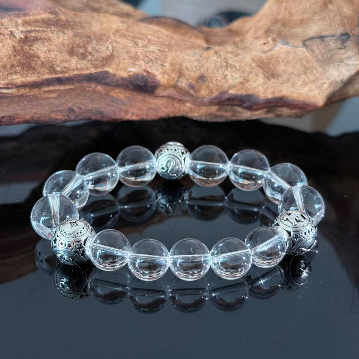 Clear Quartz Manual Beaded Bracelet with Silver Charm — Minimalist Healing Crystal Stretch Bracelet