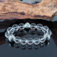 Clear Quartz Manual Beaded Bracelet with Silver Charm — Minimalist Healing Crystal Stretch Bracelet