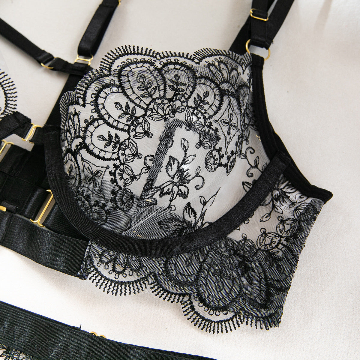 Lingerie 5-Piece Ensemble Floral Black Lace Garter Belt with Stocking Clips