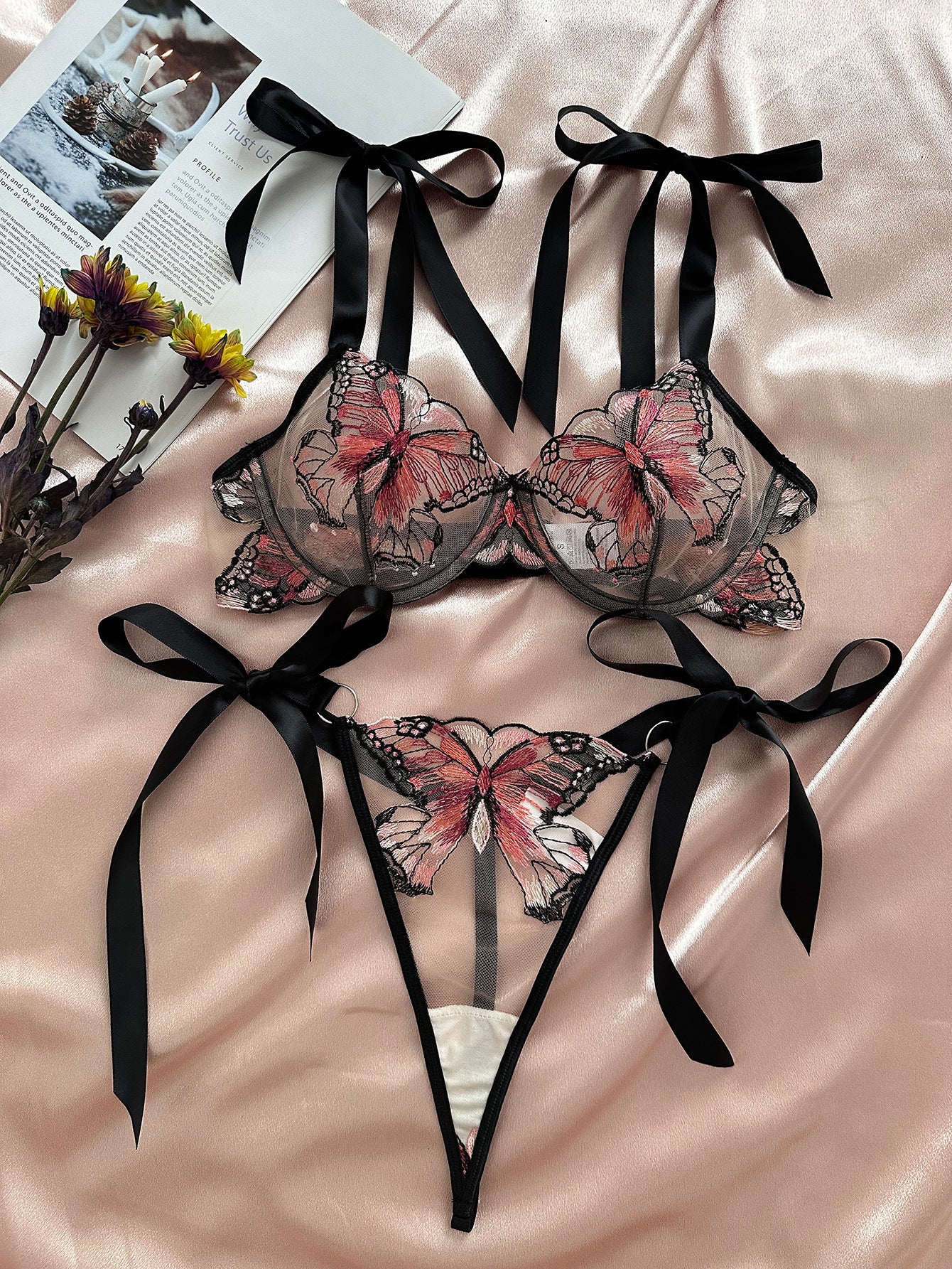 Butterfly Mesh Embroidery See-through Lingerie Set