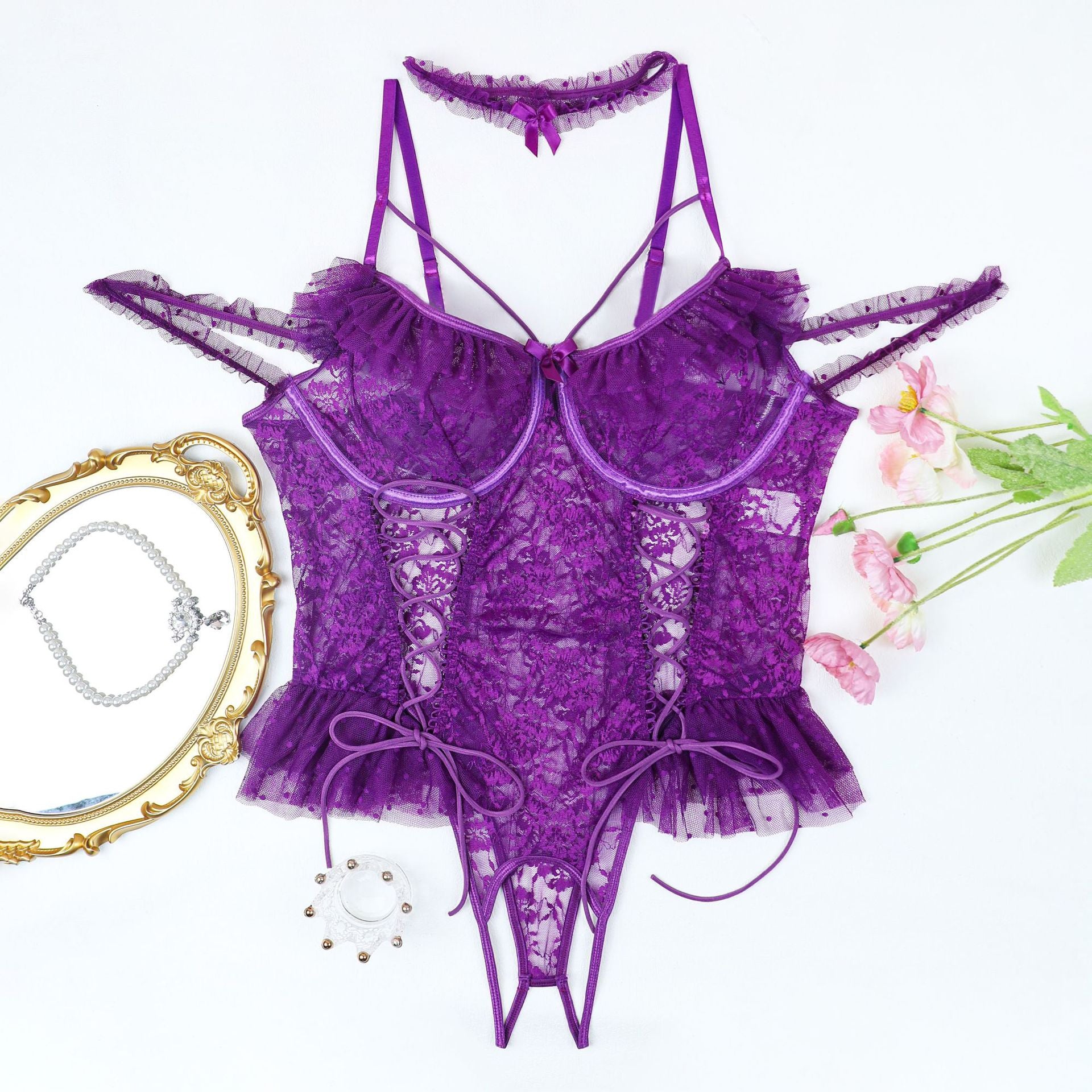 Plus - Size Lingerie One - piece Halter Pajama Set Transparent Lace Set