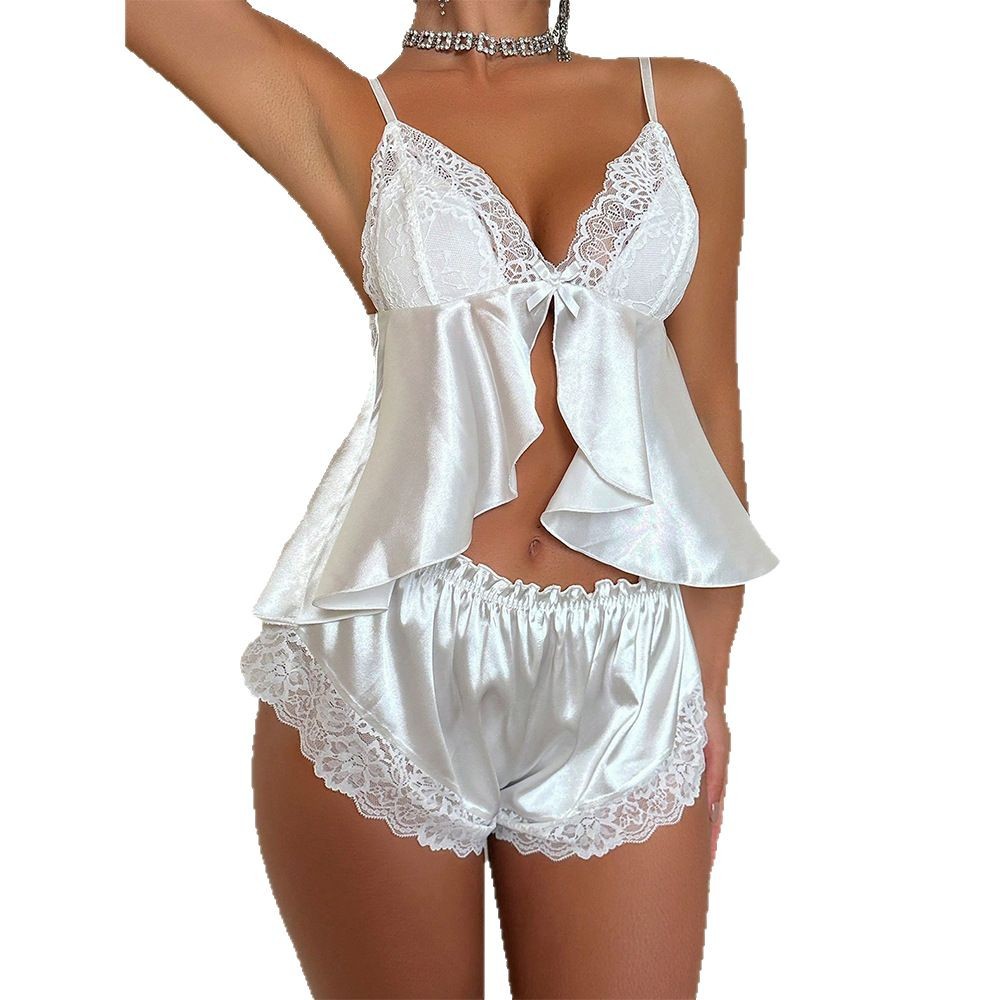 White Lace Suspenders Pajamas Shorts Suit