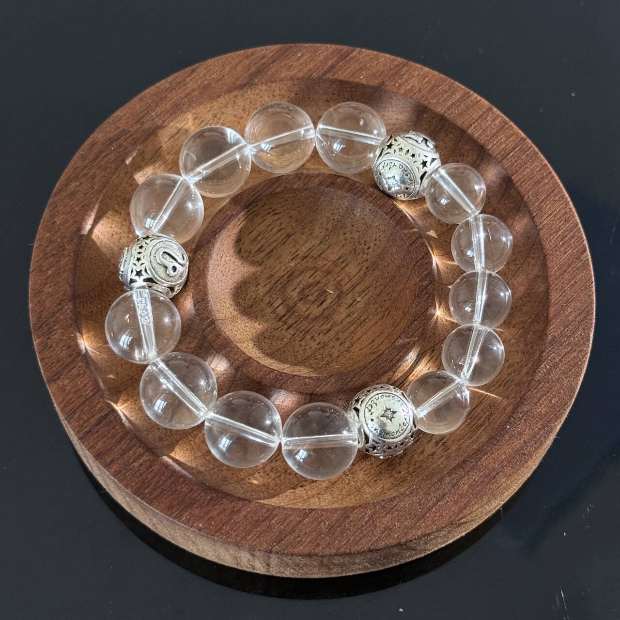 Clear Quartz Manual Beaded Bracelet with Silver Charm — Minimalist Healing Crystal Stretch Bracelet