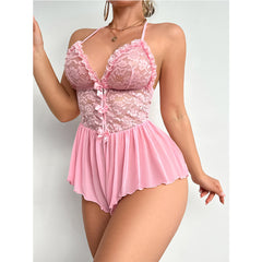 Pink Lace Stitching Bow Halter Lace Jumpsuit