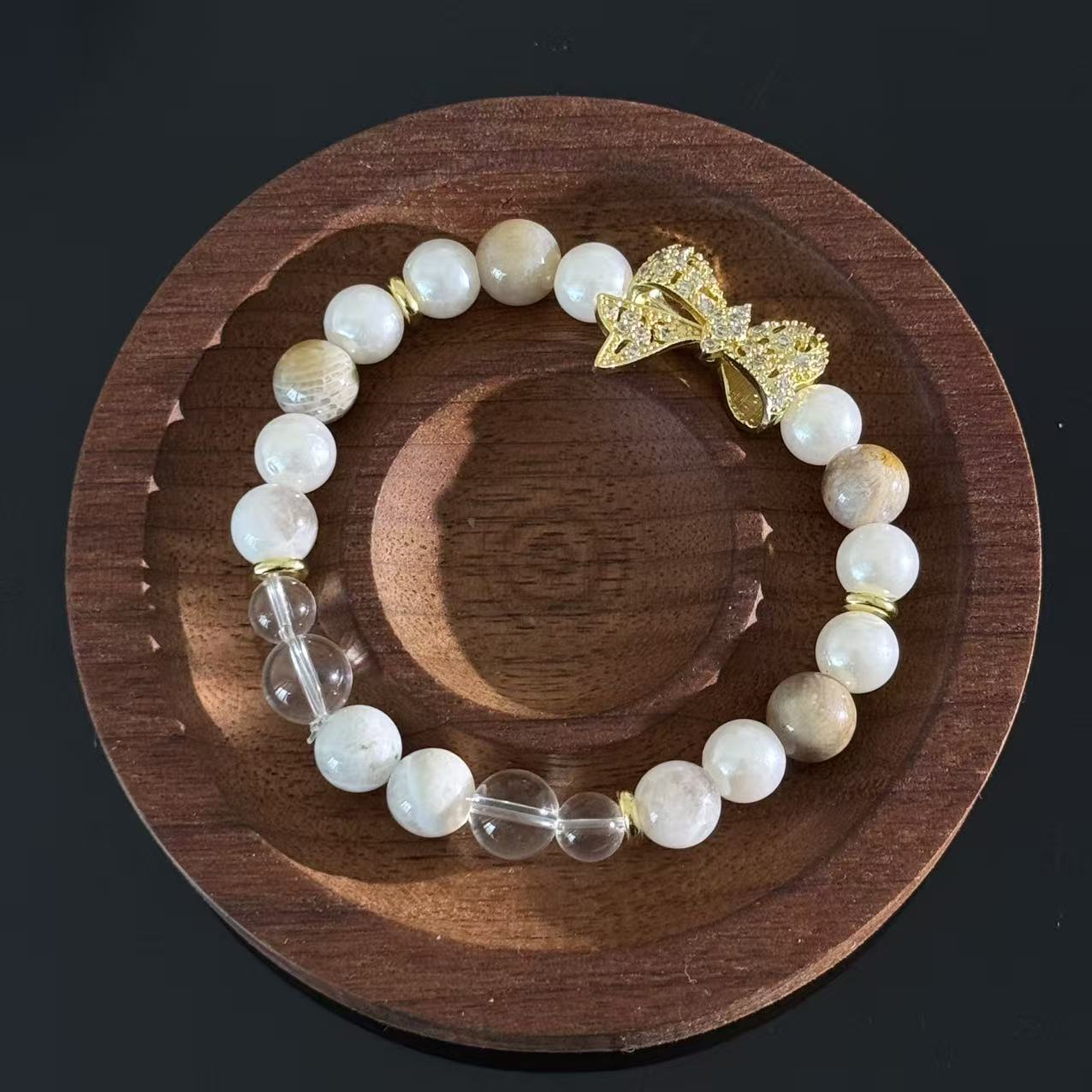 Moonstone & Clear Quartz Crystal Bracelet – Handmade White Gemstone Bracelet With Gold Bow Charm