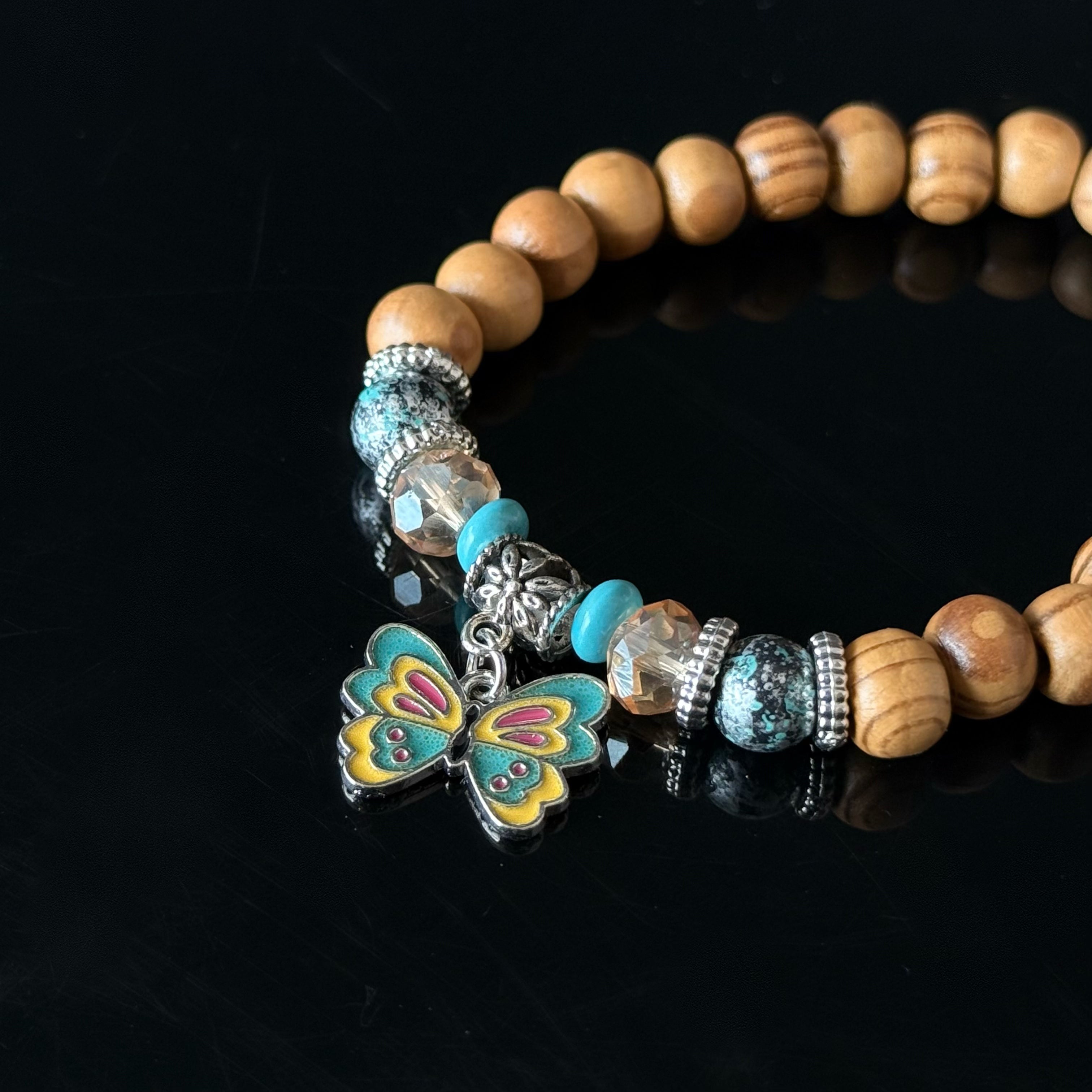 Gemini Zodiac Wooden Bead Bracelet with Butterfly Charm