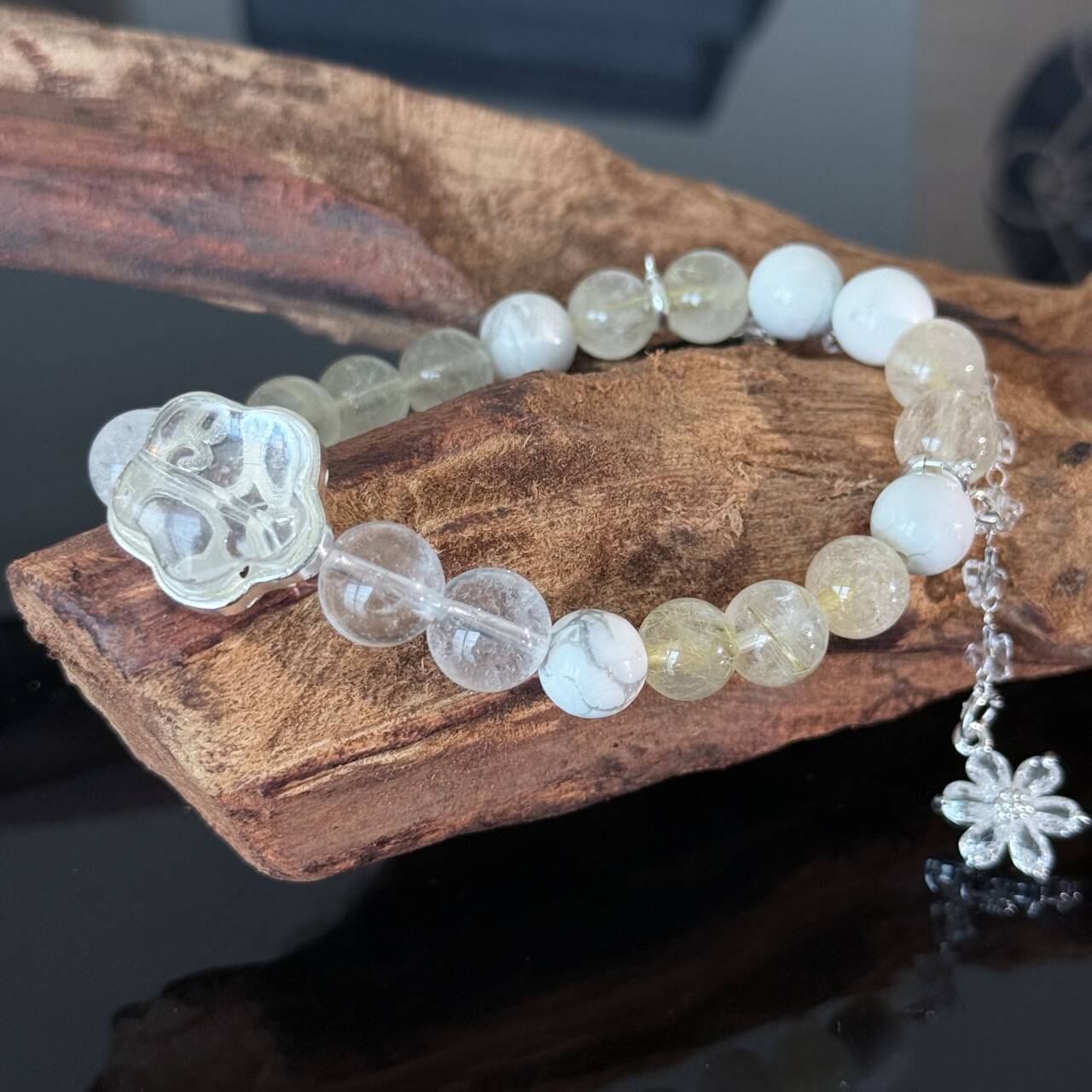 Handcrafted Natural White Crystal & Rutilated Quartz Beaded Bracelet — Adorned with White Turquoise and Crystal Flower Charms — Healing Energy Jewelry