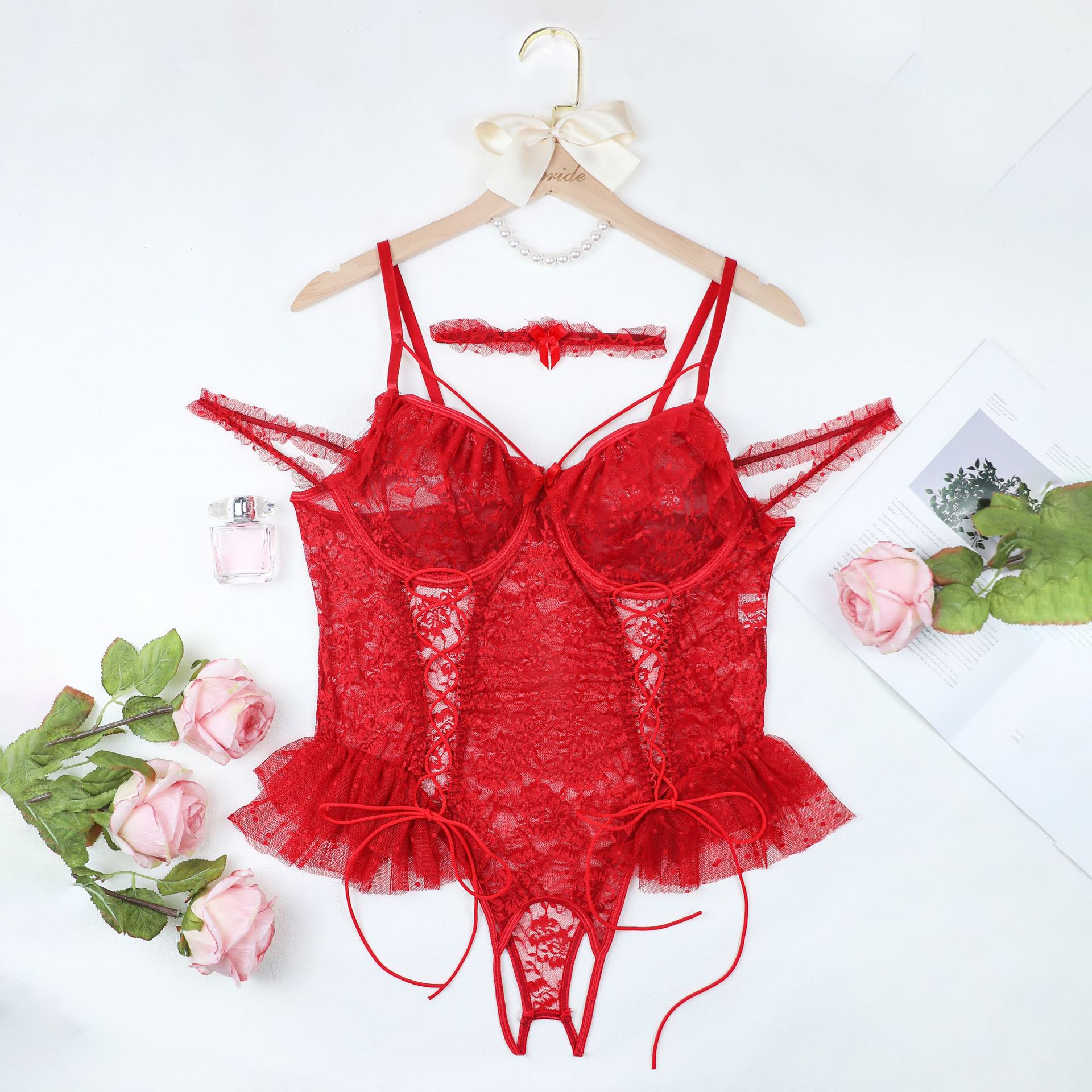 Plus - Size Lingerie One - piece Halter Pajama Set Transparent Lace Set