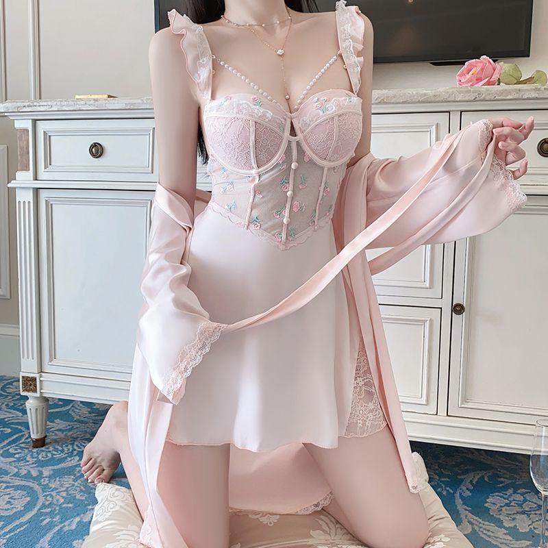 Deep V-shaped Petal Embroidered See-through Halter Nightgown With Cushion