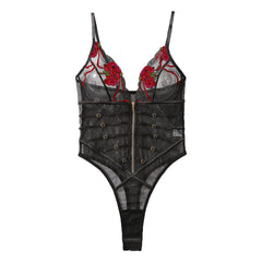 Lace Mesh Transparent V-neck Hollow-out Erotic Sling Bodysuit