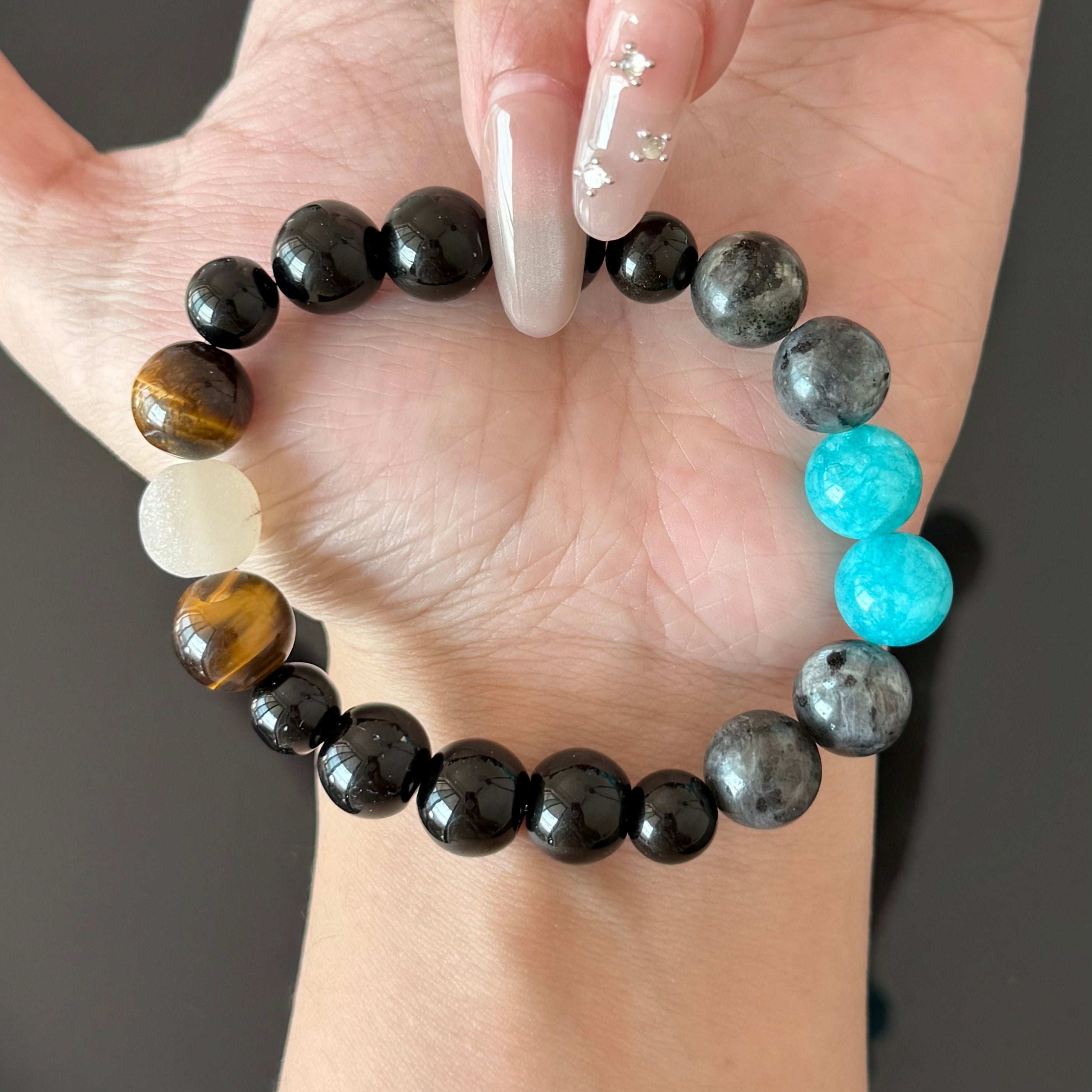 Obsidian, Turquoise Blue & Tiger’s Eye Bracelet