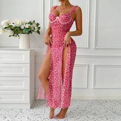 Fuchsia Leopard Love High Slit Long Dress Sling Dress T-Back