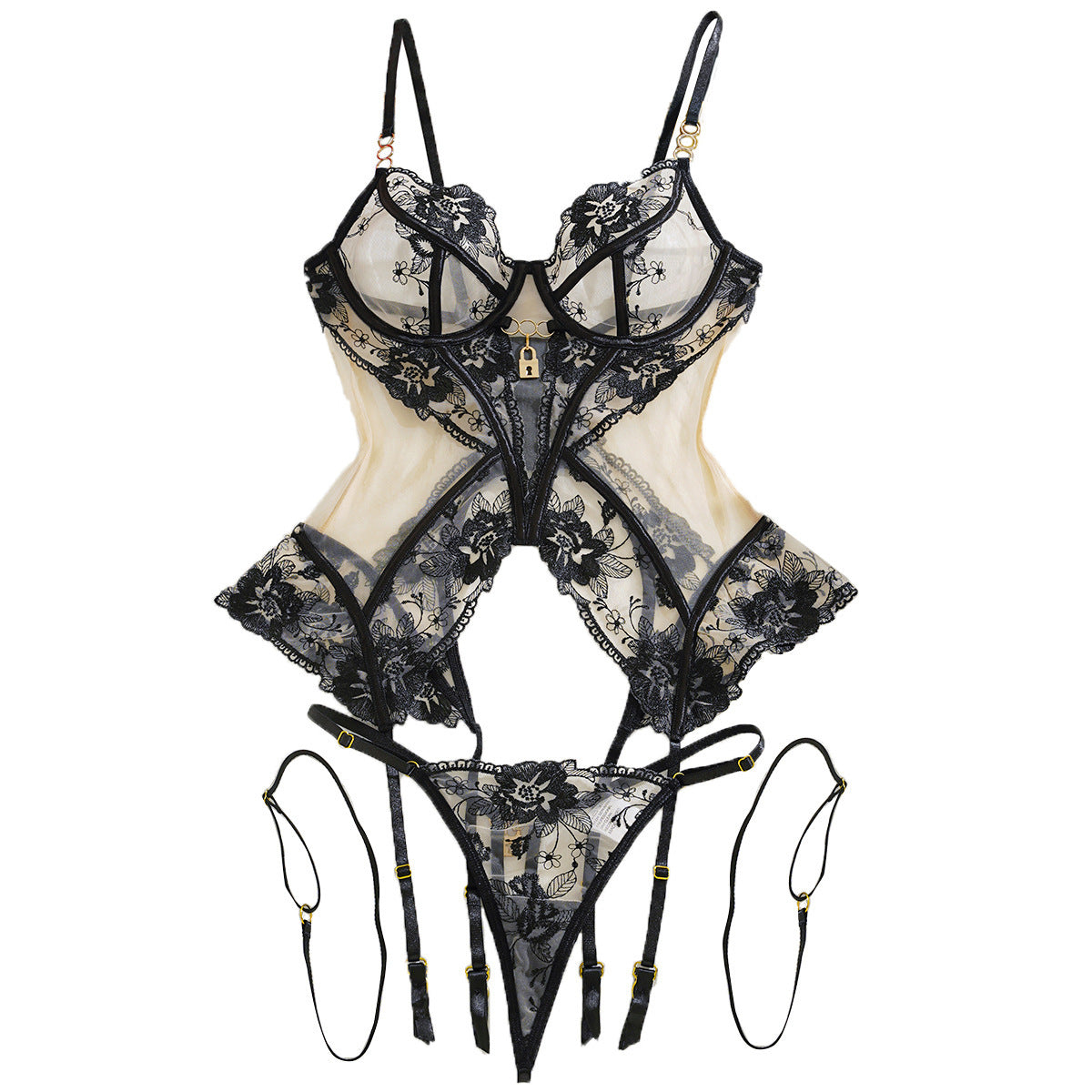 See-through Embroidery padlock charm Mesh Body Shaping Lingerie Set