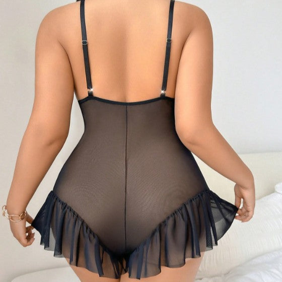 Plus Size Mesh Flower Color Embroidery Lingerie