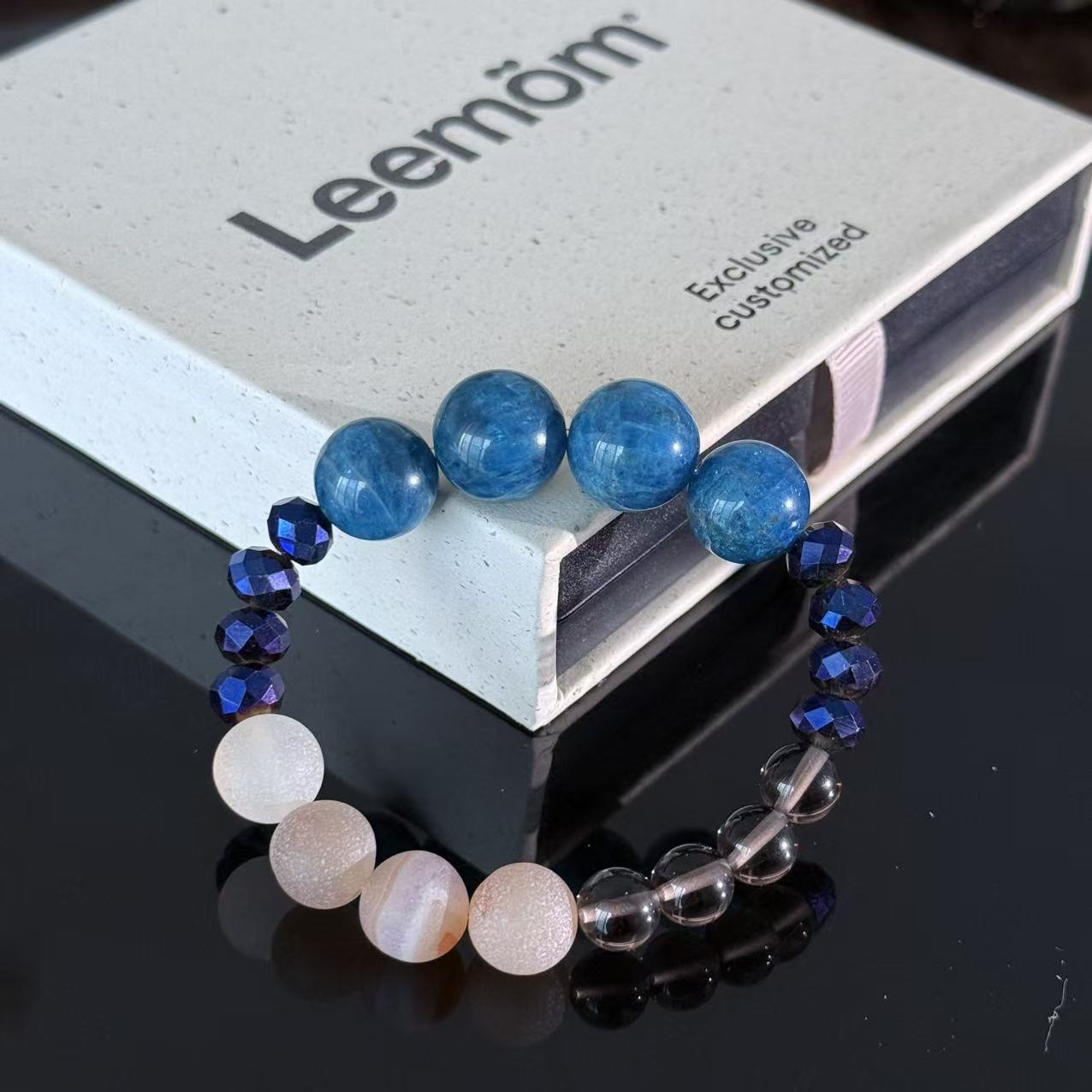 Handcrafted Blue Apatite & Frosted Agate Crystal Bracelet — White Crystal & Faceted Glass Bead Energy Healing Bracelet