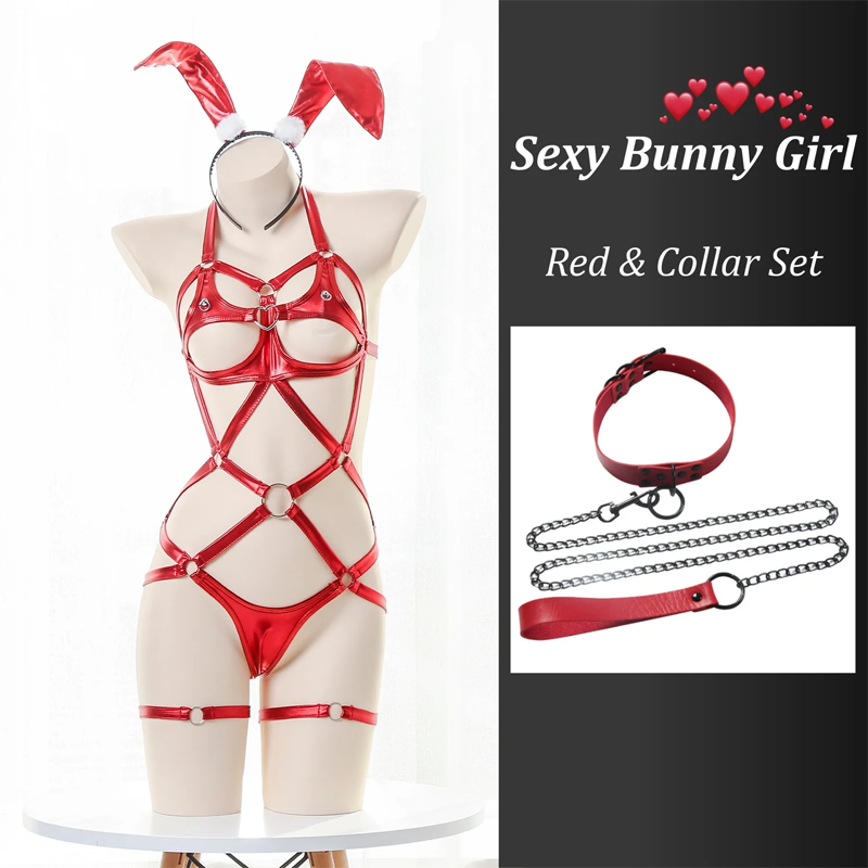 【Free Bunny Ears Headband】SM Bunny Girl Three-piece Leather Lingerie