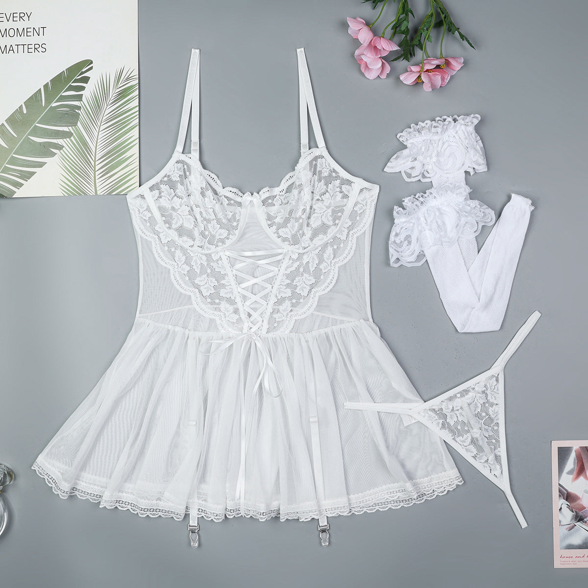 Lace Band Cross Suspenders Mesh See-through Dress Suit