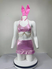 Seductive Club Party Set Shiny Metal Chain Pleated Booty-Hugging Skirt