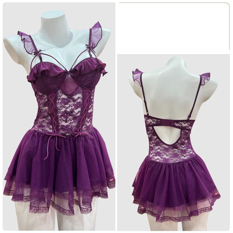 Sweet Style Mesh Cinched Lace-up Lingerie