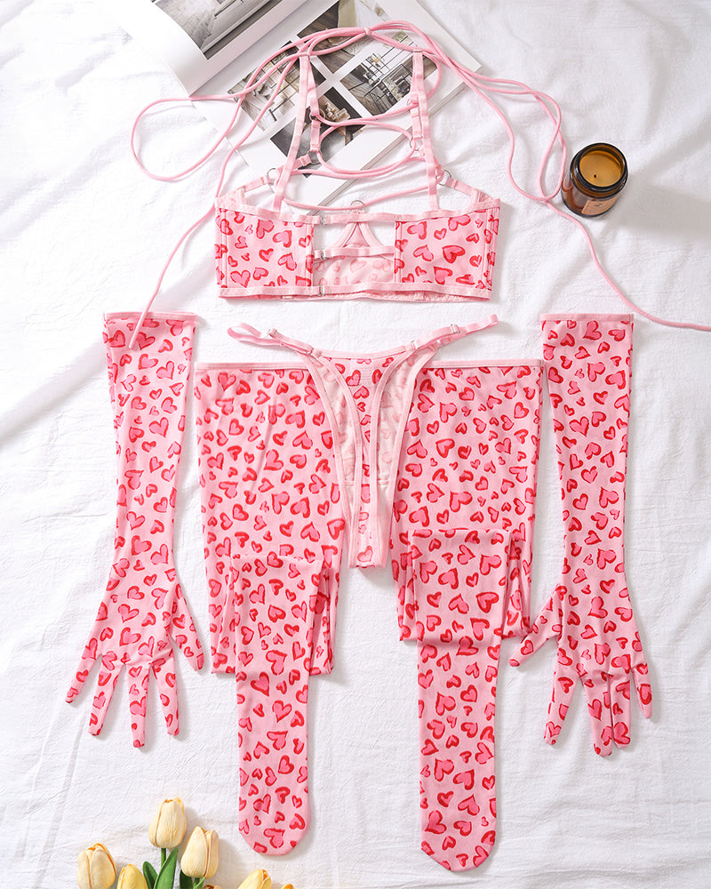 Leopard Mesh Gloves and Leg Socks Lingerie Set