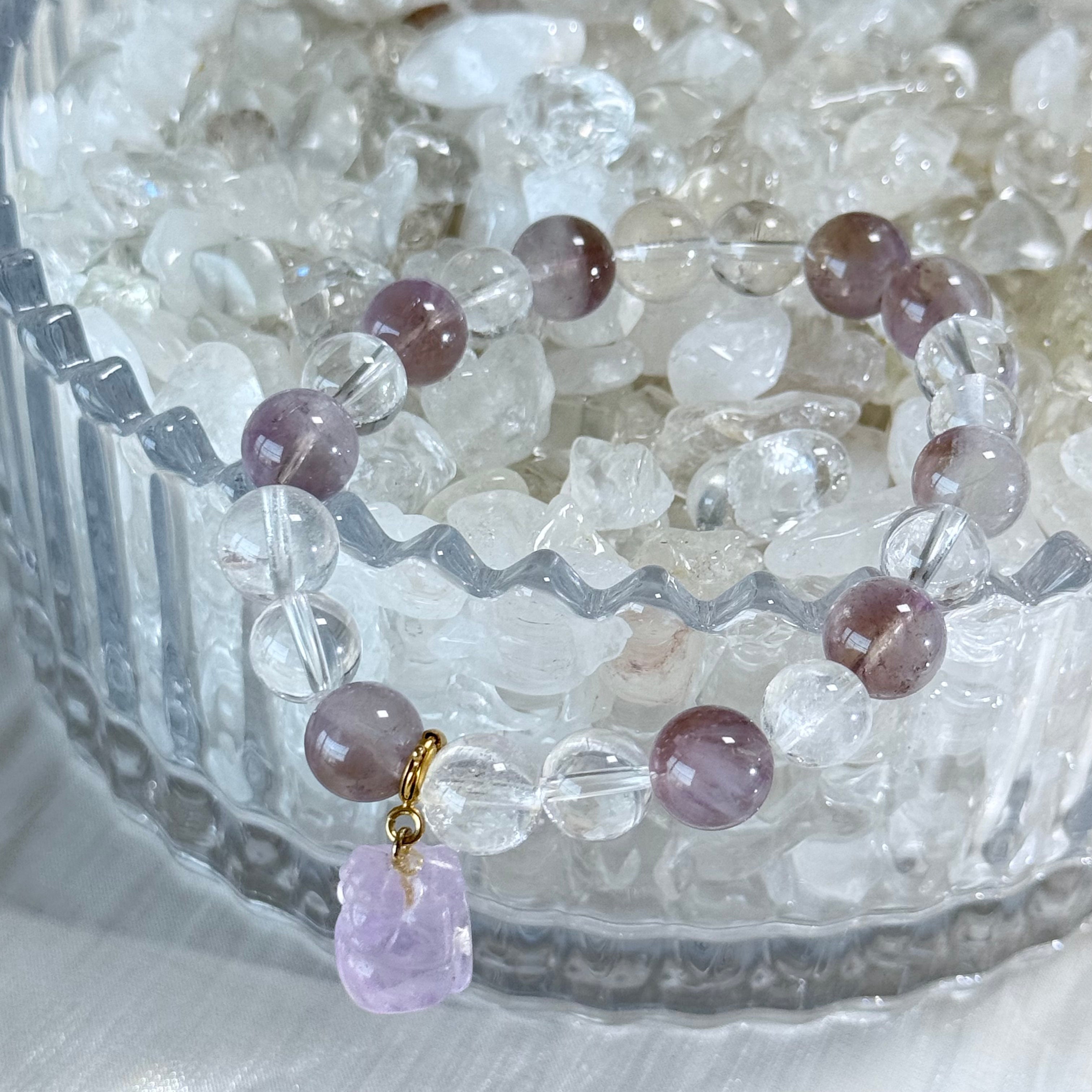 Icy Translucent Violet Hues | Super Seven & Clear Quartz Bracelet—Possessing an Innate, Aloof Beauty