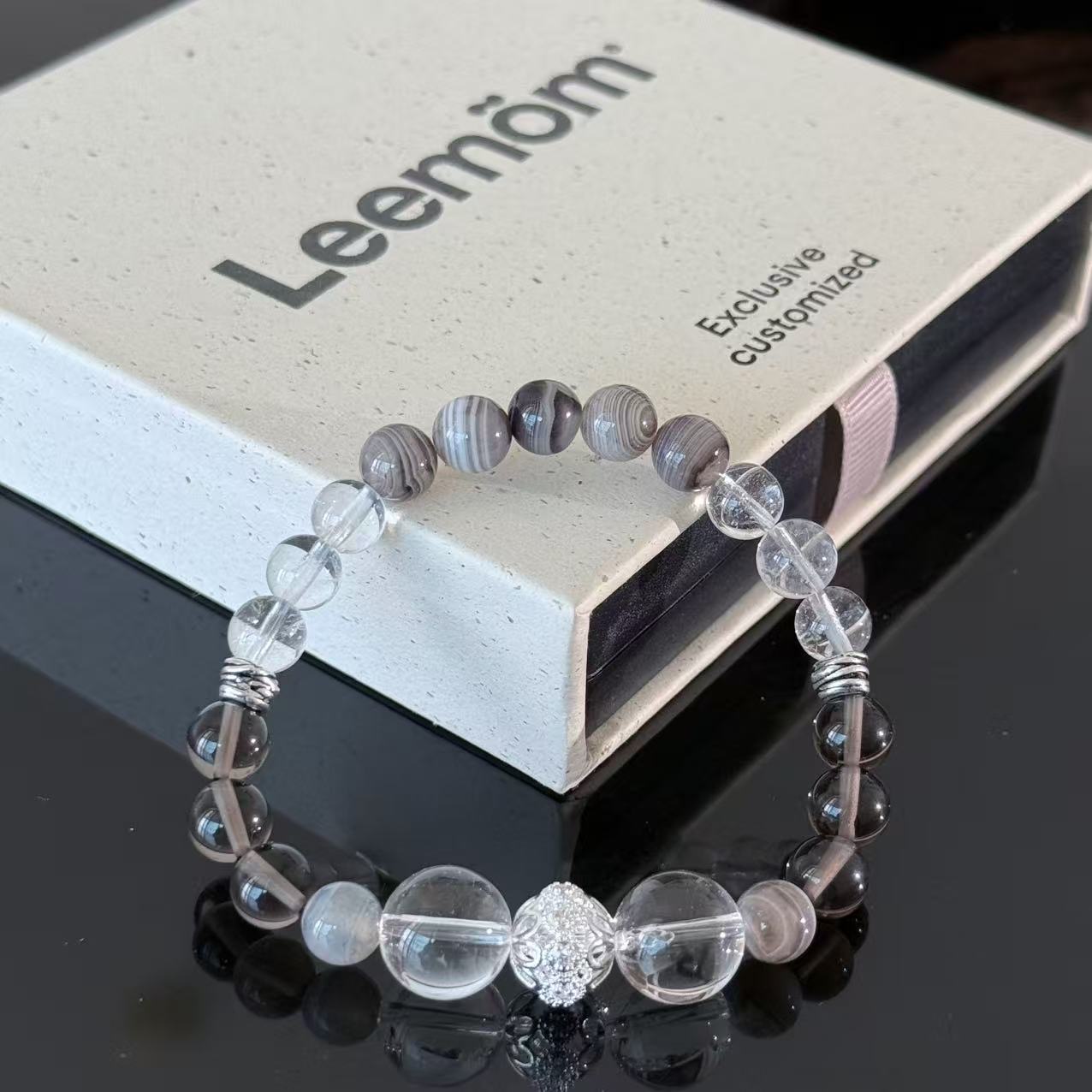 Handcrafted Bracelet featuring Black Onyx, Clear Quartz, and Grey-Veined Agate — A Gemstone Beaded Bracelet for Protection, Clarity, and Balance