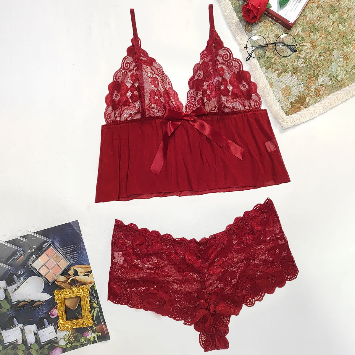 Plus Size Three-Point Lace Sling with Boxer Underwear Suit