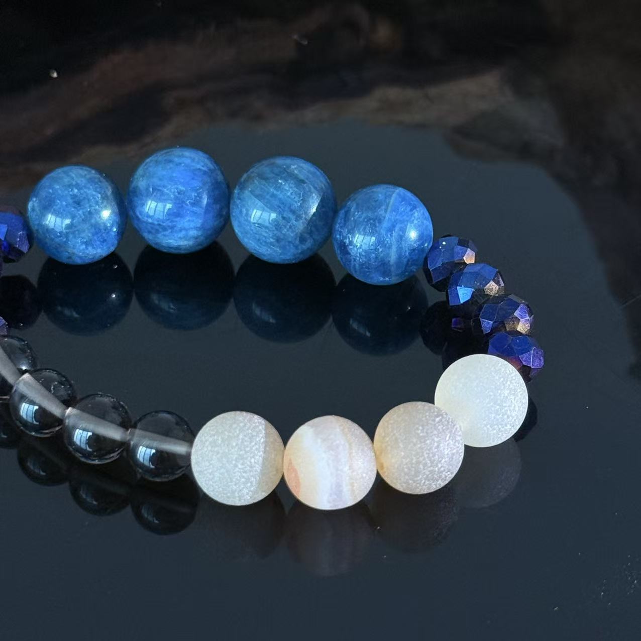 Handcrafted Blue Apatite & Frosted Agate Crystal Bracelet — White Crystal & Faceted Glass Bead Energy Healing Bracelet