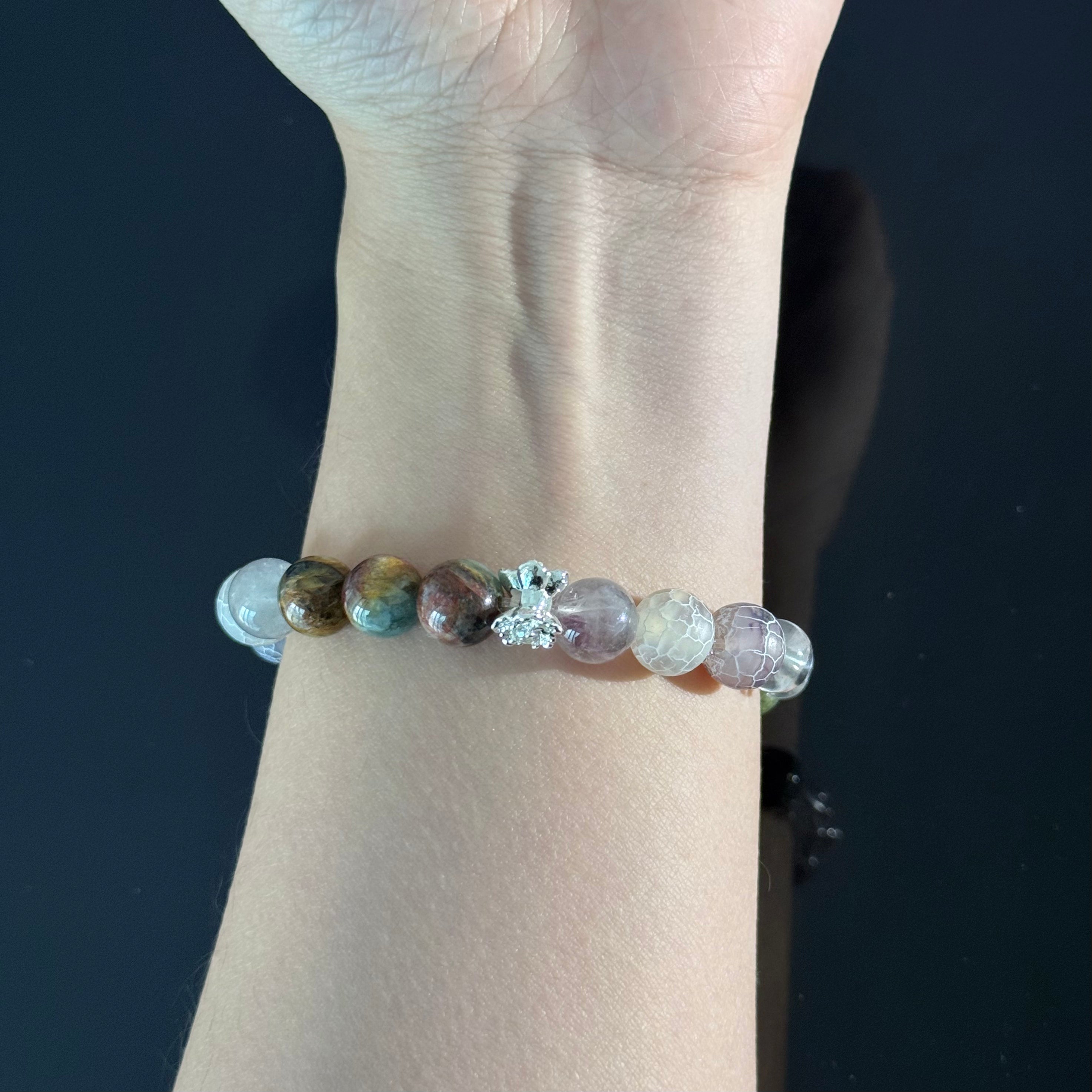 Handcrafted Bracelet: Cracked Agate & White Crystal — Featuring a Pixiu Pendant