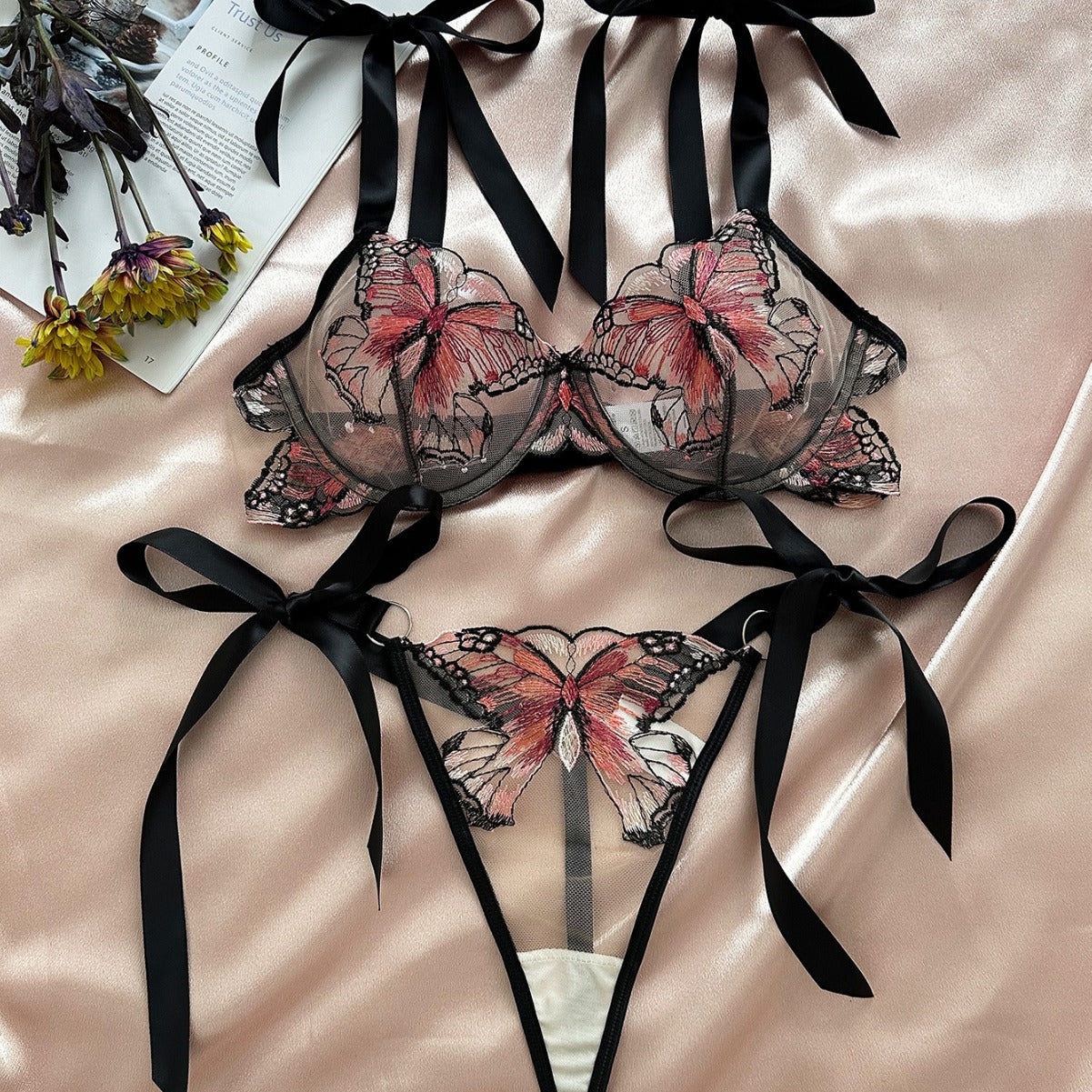 Butterfly Mesh Embroidery See-through Lingerie Set