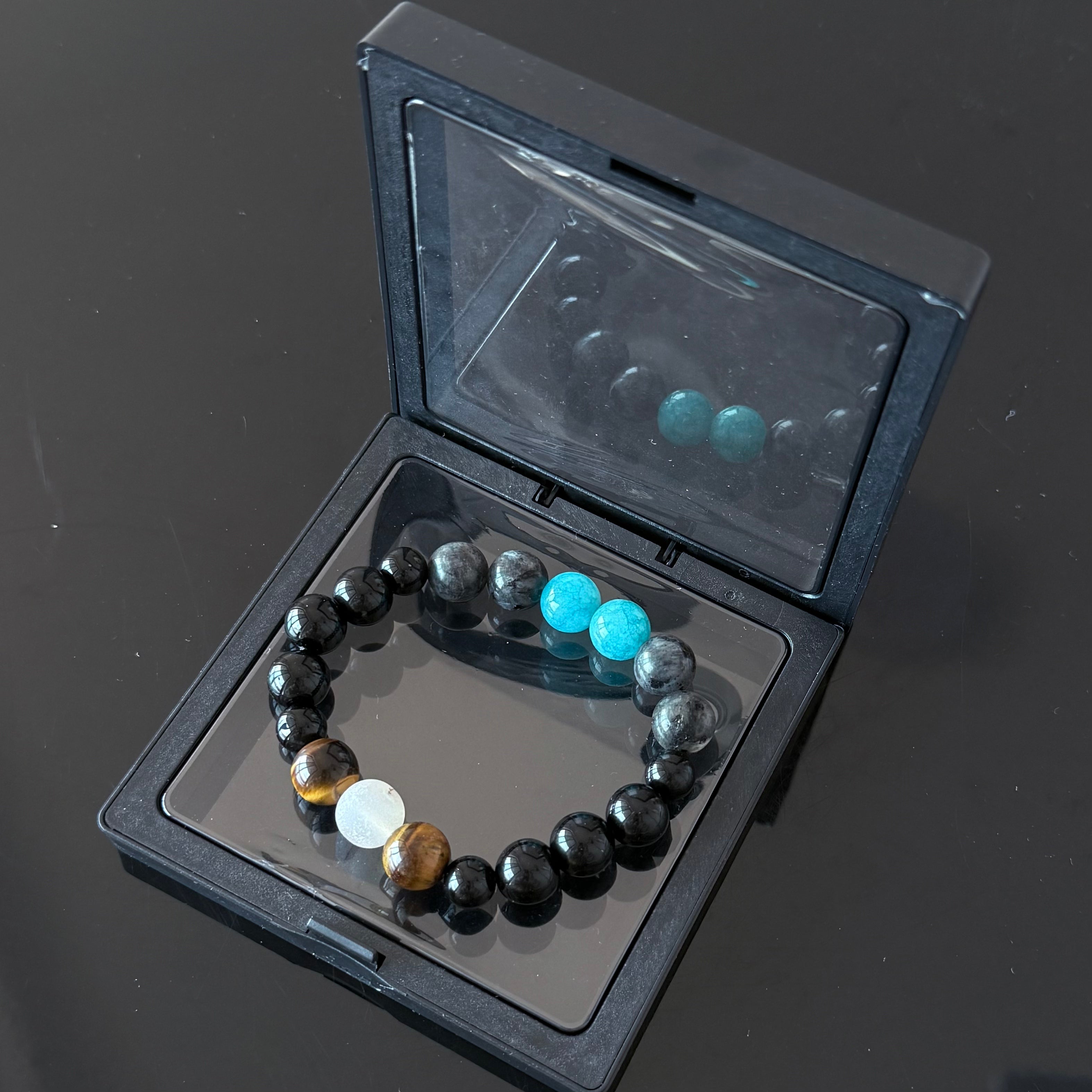 Obsidian, Turquoise Blue & Tiger’s Eye Bracelet