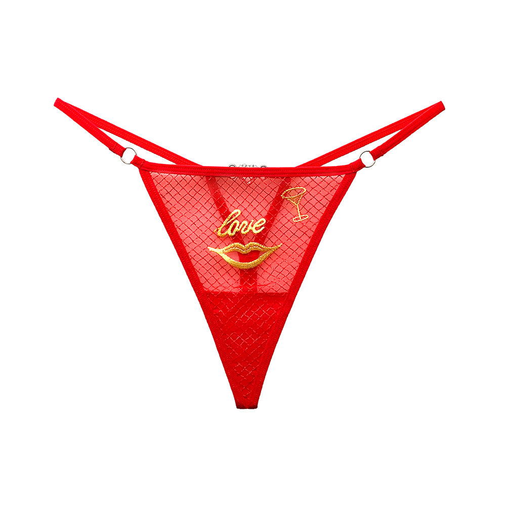 "Love" Red Lips Embroidery Mesh Women Thong with Diamonds