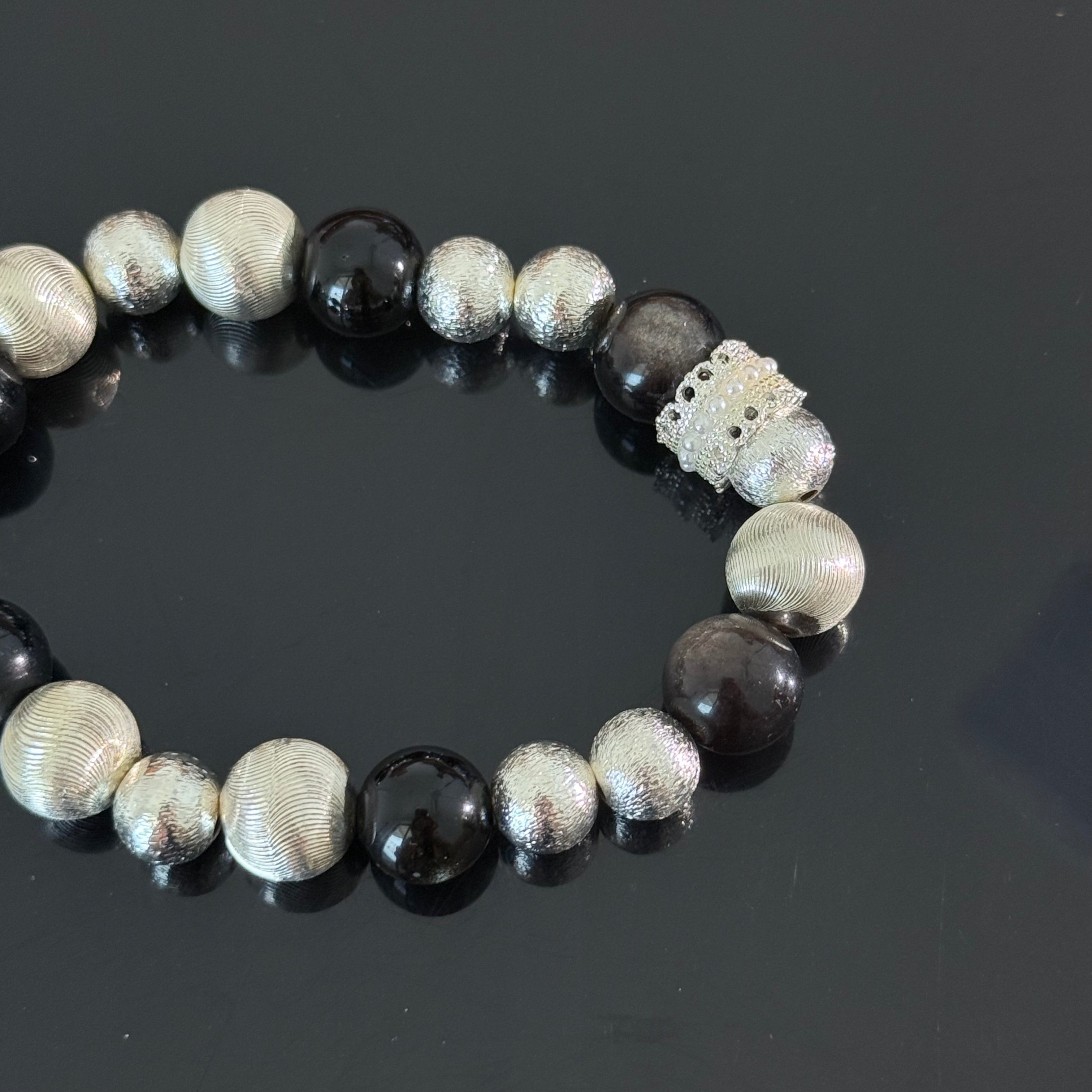 Handcrafted Black Onyx and Textured Silver Bead Bracelet — Luxurious Stretch Crystal Bracelet Adorned with Rhinestone Accents