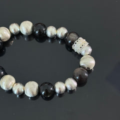 Handcrafted Black Onyx and Textured Silver Bead Bracelet — Luxurious Stretch Crystal Bracelet Adorned with Rhinestone Accents
