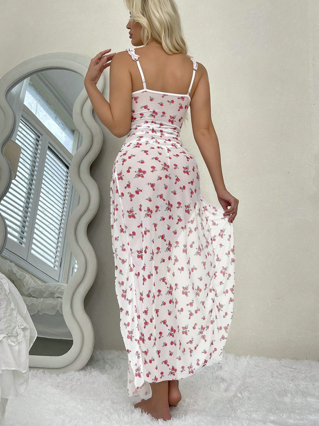 Floral Print See-through Mesh Halter Nightgown
