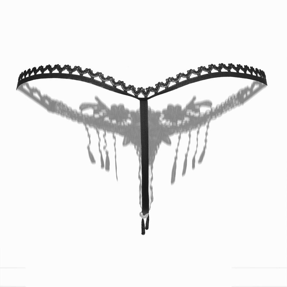 Embroidered Tassel Pearl Open Crotch Thong
