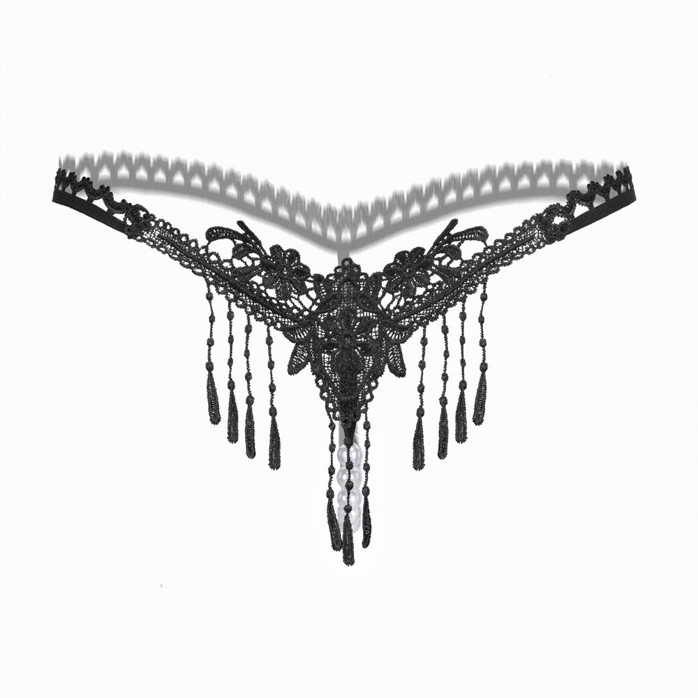 Embroidered Tassel Pearl Open Crotch Thong