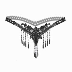 Embroidered Tassel Pearl Open Crotch Thong
