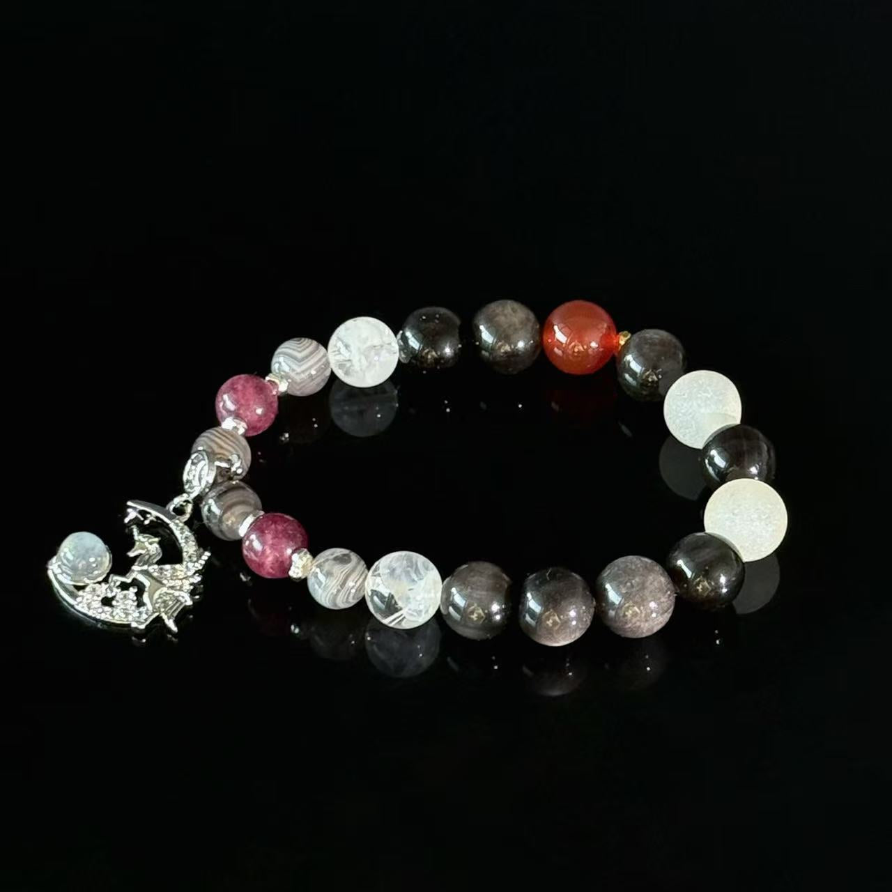 Crescent Moon Unicorn Pendant Bracelet | Multi-Gemstone Natural Obsidian Crystal Bead Bracelet