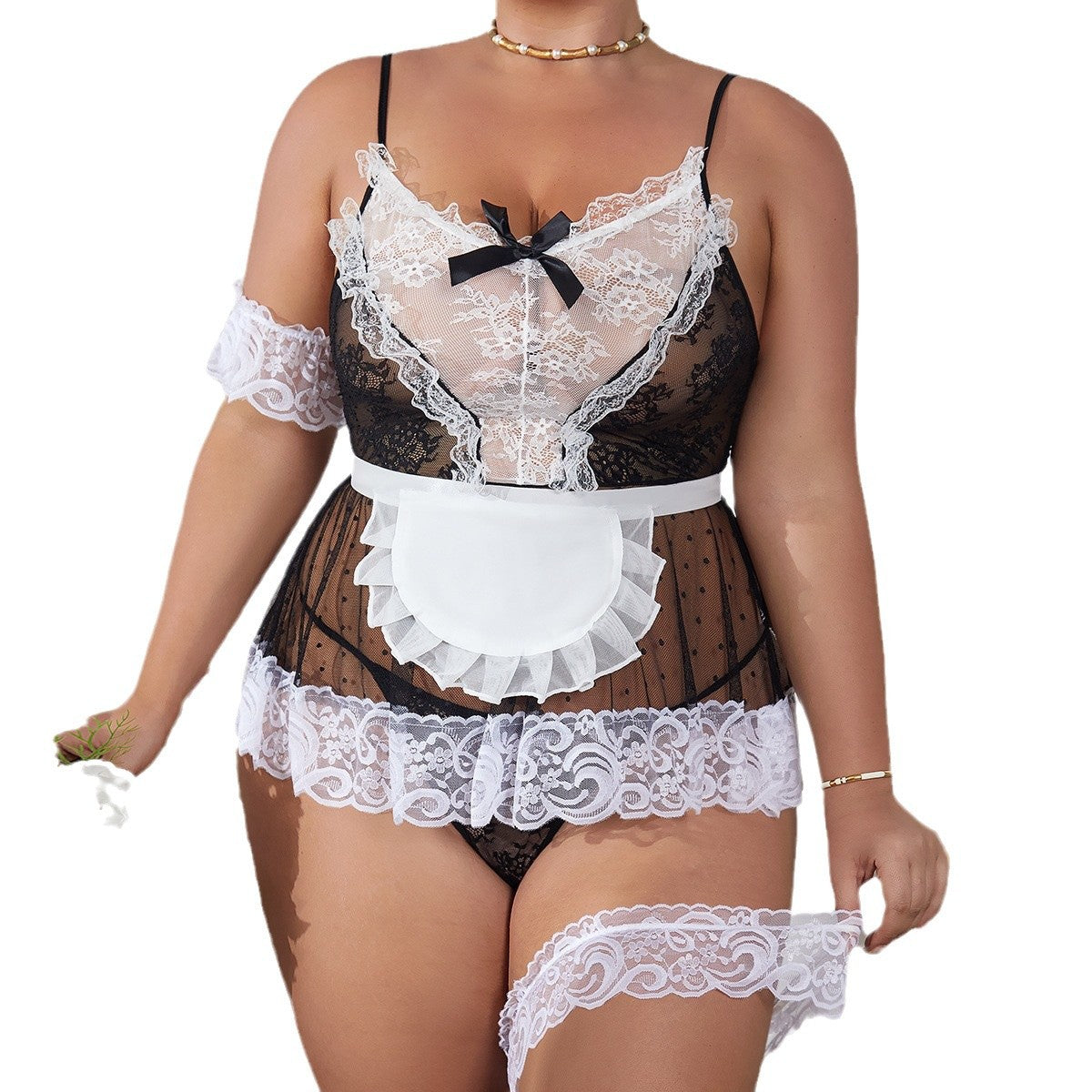 Plus Size Maid Costume Sling Lace Seduction Night Skirt Suit