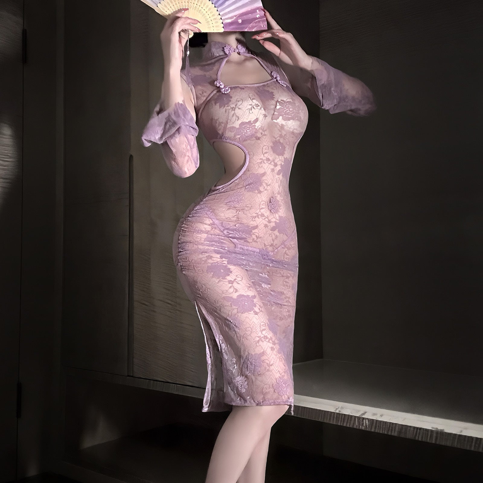 Style Lace See-through Purple Cheongsam Suit