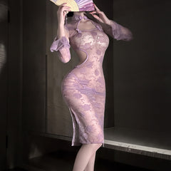 Style Lace See-through Purple Cheongsam Suit