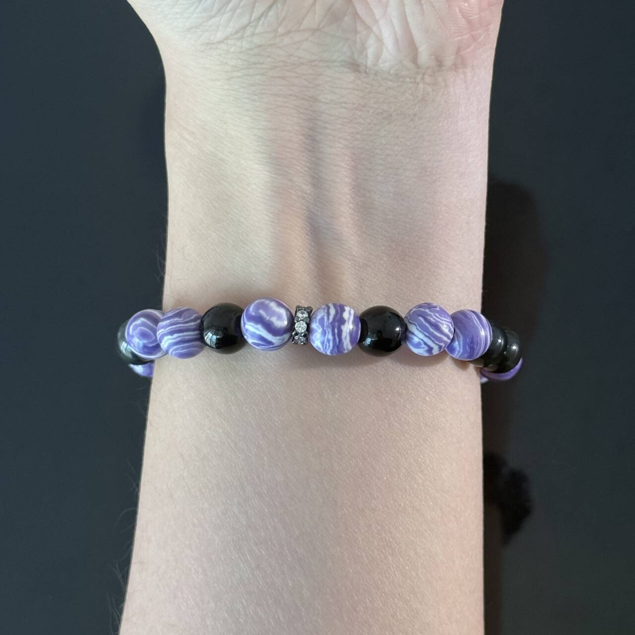 Natural Purple Agate & Obsidian Crystal Handmade Bracelet — Protective Energy Elastic Beaded Gemstone Bracelet